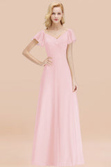 Elegent Short-Sleeve Long Bridesmaid Dress Online Yellow Chiffon Wedding Party Dress