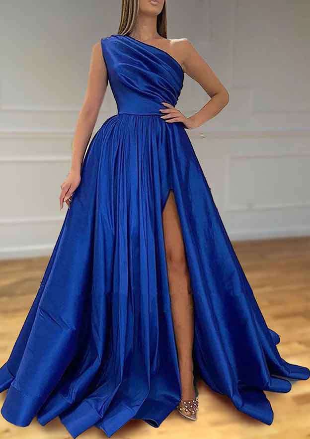 Elevate Your Look with A-Line One-Shoulder Satin Prom Dress/Evening Dress With Pleated Split