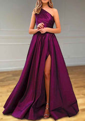 Elevate Your Look with A-Line One-Shoulder Satin Prom Dress/Evening Dress With Pleated Split