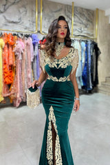 Emerald Green Mermaid Evening Dress Split With Gold Appliques Tassels