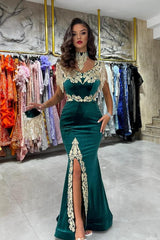 Emerald Green Mermaid Evening Dress Split With Gold Appliques Tassels