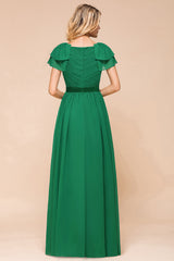 Emerald Short Sleeves Chiffon Ruffles Long Bridesmaid Dresses Online