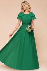 Emerald Short Sleeves Chiffon Ruffles Long Bridesmaid Dresses Online