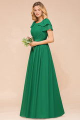 Emerald Short Sleeves Chiffon Ruffles Long Bridesmaid Dresses Online