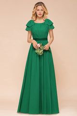 Emerald Short Sleeves Chiffon Ruffles Long Bridesmaid Dresses Online