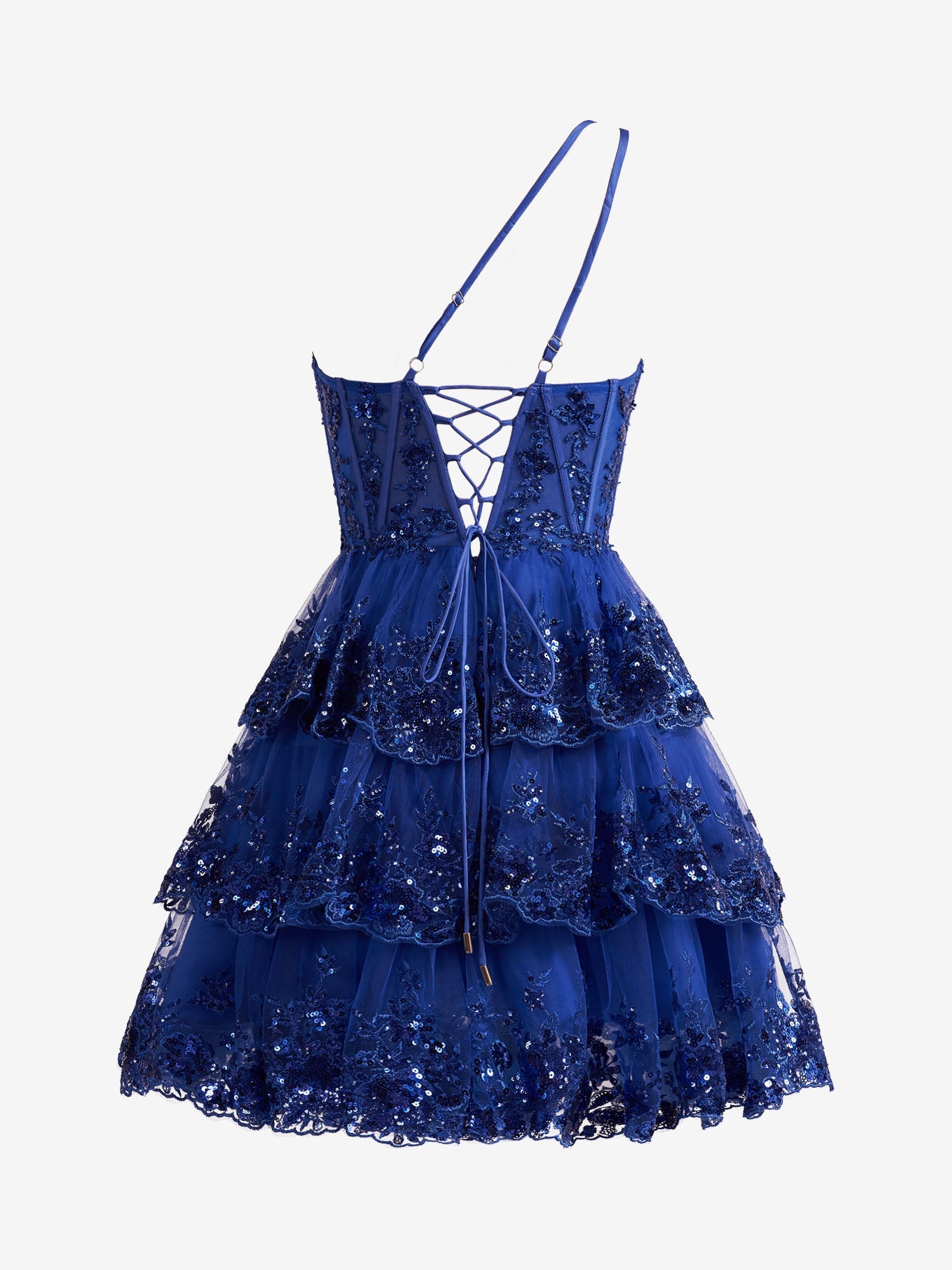 Emma Royal Blue A-Line One-Shoulder Navy Tiered Lace Short Homecoming Dress