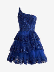 Emma Royal Blue A-Line One-Shoulder Navy Tiered Lace Short Homecoming Dress