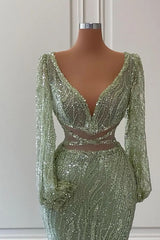 Exquisite Floor-Length V-Neck Long-Sleeved Mermaid Prom Dress Adorned with Sequins