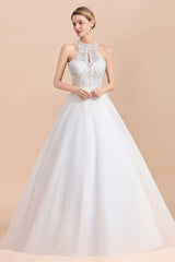 Exquisite High-Neck Lace Wedding Dress Appliques Sequins Sleeveless Bridal Gowns On Sale