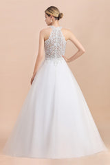 Exquisite High-Neck Lace Wedding Dress Appliques Sequins Sleeveless Bridal Gowns On Sale