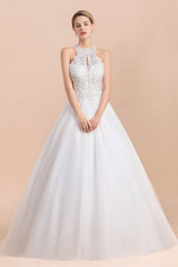 Exquisite High-Neck Lace Wedding Dress Appliques Sequins Sleeveless Bridal Gowns On Sale