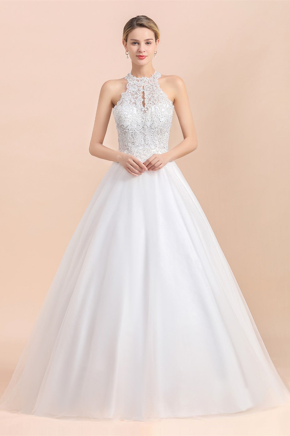 Exquisite High-Neck Lace Wedding Dress Appliques Sequins Sleeveless Bridal Gowns On Sale