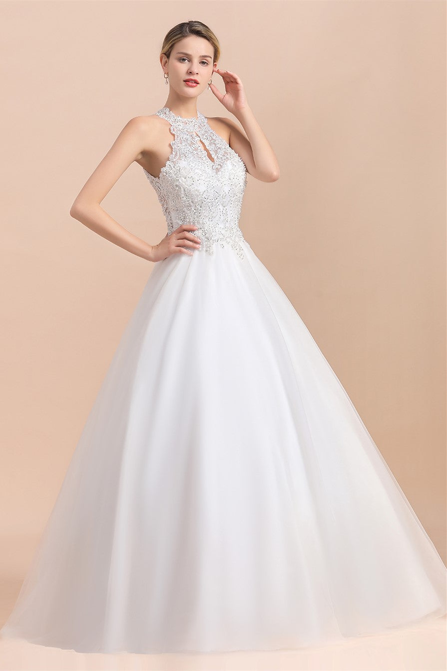 Exquisite High-Neck Lace Wedding Dress Appliques Sequins Sleeveless Bridal Gowns On Sale