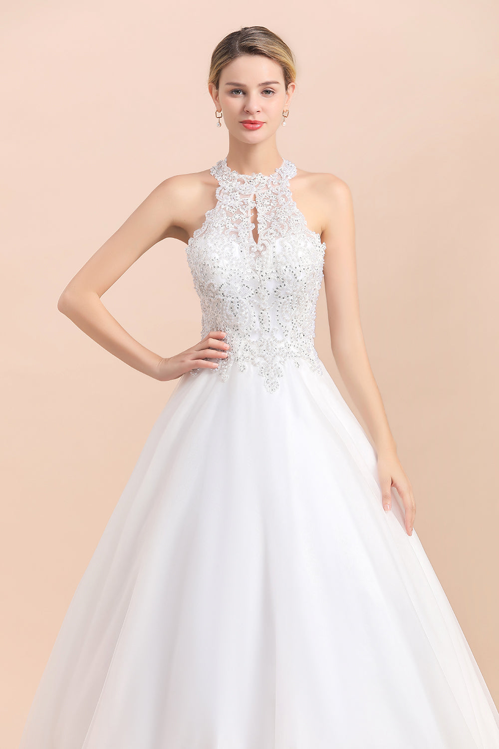 Exquisite High-Neck Lace Wedding Dress Appliques Sequins Sleeveless Bridal Gowns On Sale