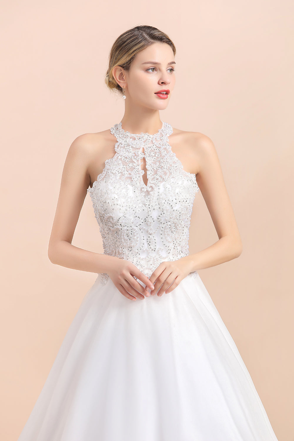 Exquisite High-Neck Lace Wedding Dress Appliques Sequins Sleeveless Bridal Gowns On Sale