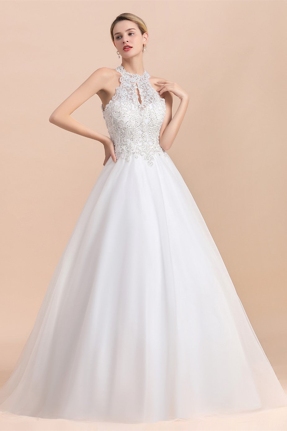 Exquisite High-Neck Lace Wedding Dress Appliques Sequins Sleeveless Bridal Gowns On Sale