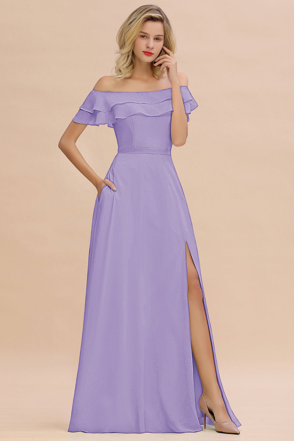 Exquisite Off-the-shoulder Slit Mint Green Bridesmaid Dress With Pockets