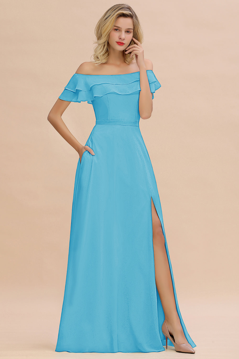 Exquisite Off-the-shoulder Slit Mint Green Bridesmaid Dress With Pockets