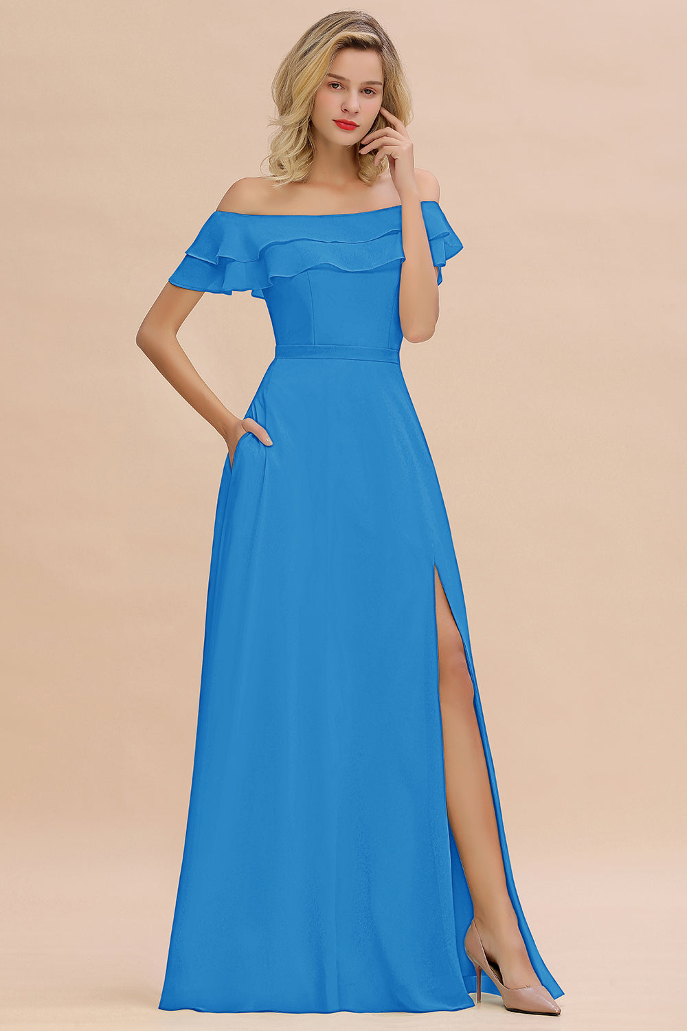 Exquisite Off-the-shoulder Slit Mint Green Bridesmaid Dress With Pockets