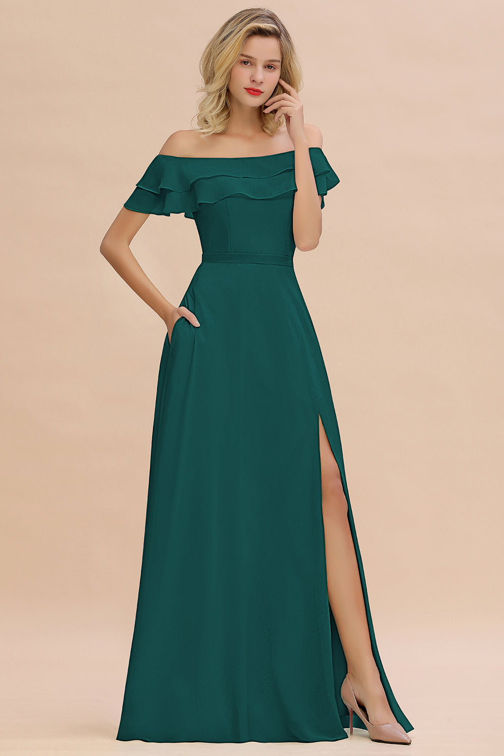 Exquisite Off-the-shoulder Slit Mint Green Bridesmaid Dress With Pockets