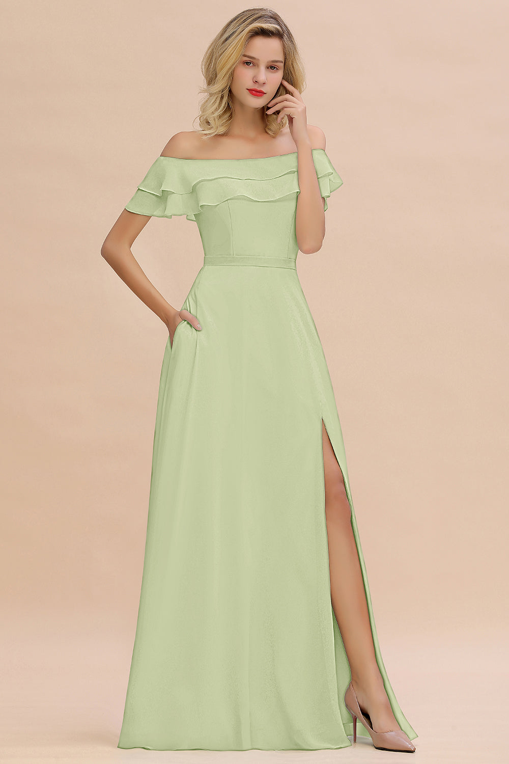 Exquisite Off-the-shoulder Slit Mint Green Bridesmaid Dress With Pockets