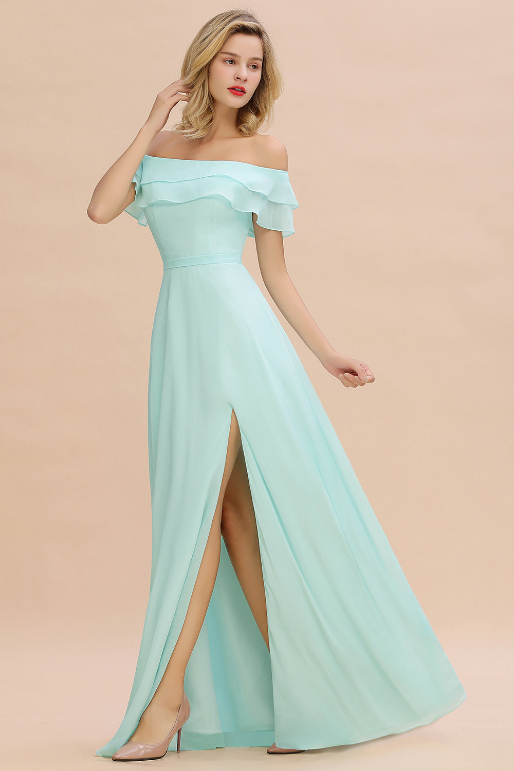 Exquisite Off-the-shoulder Slit Mint Green Bridesmaid Dress With Pockets