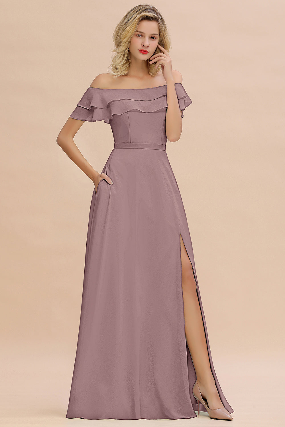 Exquisite Off-the-shoulder Slit Mint Green Bridesmaid Dress With Pockets