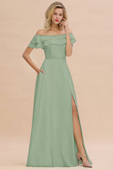 Exquisite Off-the-shoulder Slit Mint Green Bridesmaid Dress With Pockets