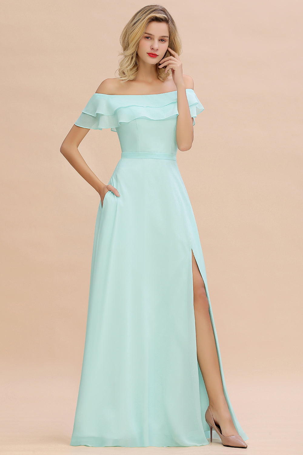 Exquisite Off-the-shoulder Slit Mint Green Bridesmaid Dress With Pockets