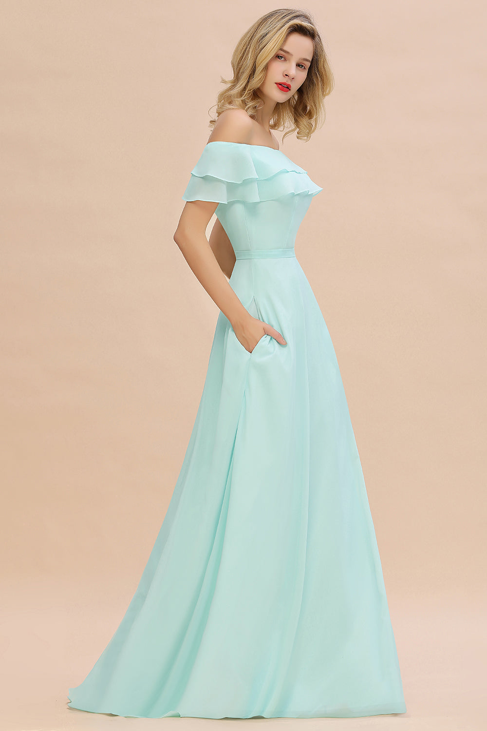 Exquisite Off-the-shoulder Slit Mint Green Bridesmaid Dress With Pockets