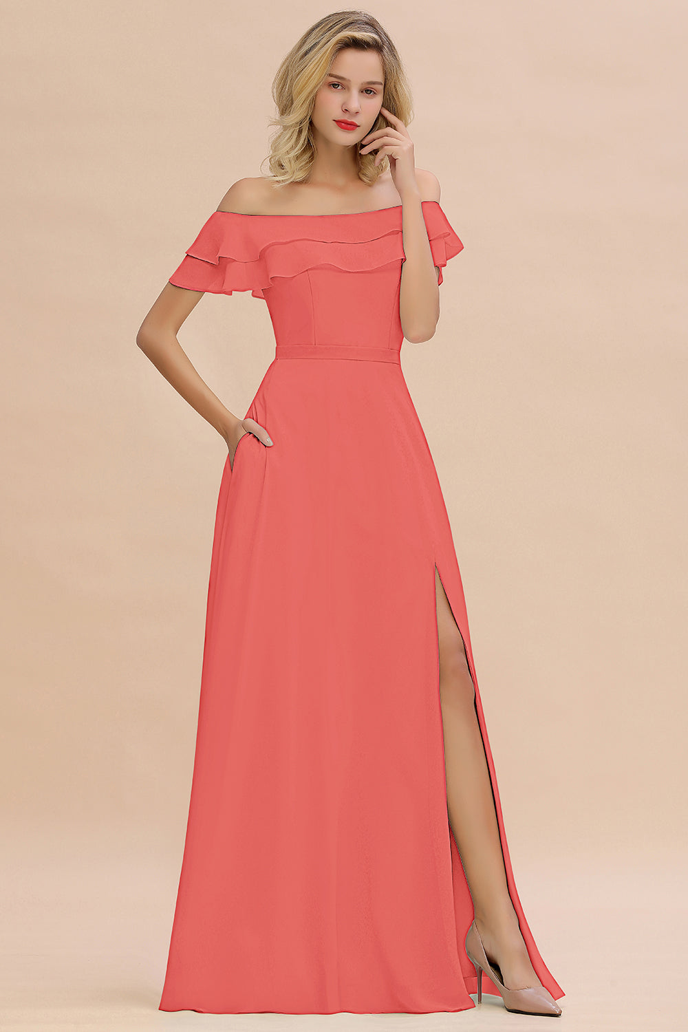 Exquisite Off-the-shoulder Slit Mint Green Bridesmaid Dress With Pockets