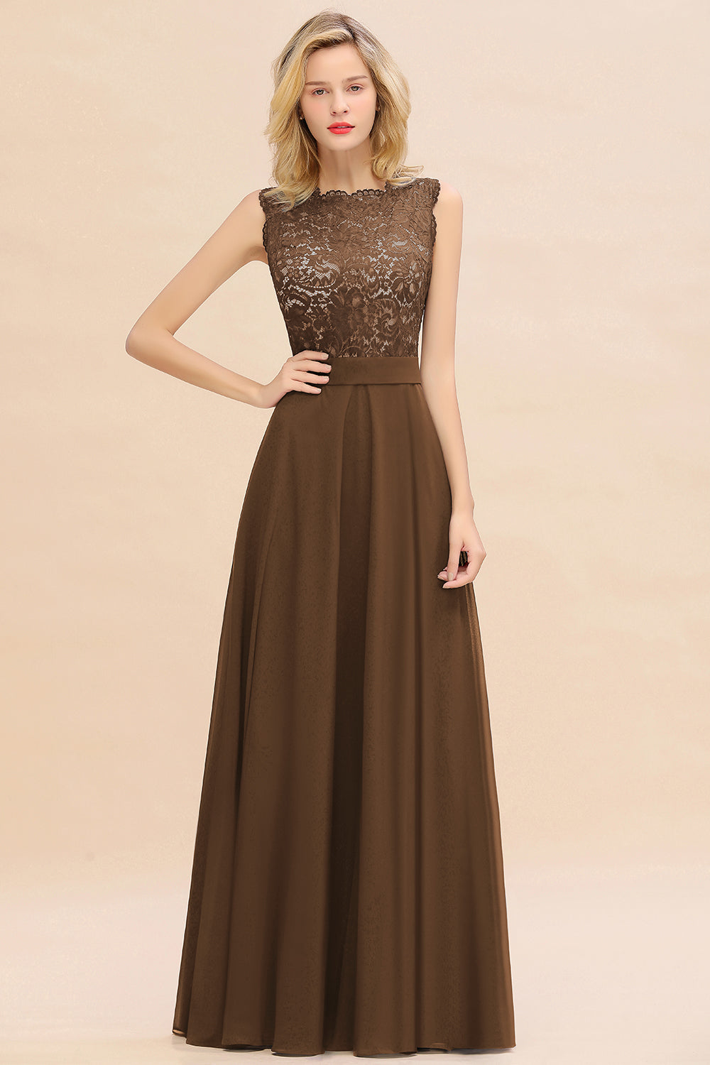 Exquisite Scoop Chiffon Lace Bridesmaid Dresses with V-Back