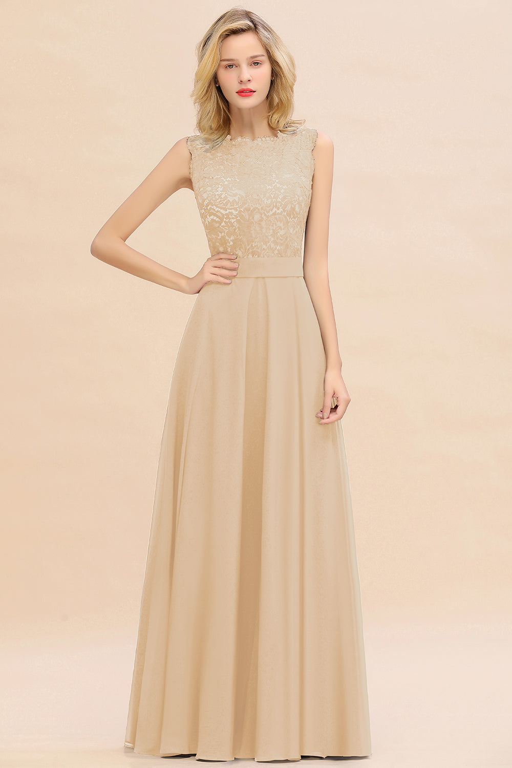 Exquisite Scoop Chiffon Lace Bridesmaid Dresses with V-Back