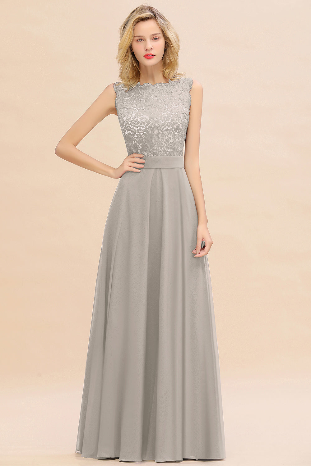 Exquisite Scoop Chiffon Lace Bridesmaid Dresses with V-Back