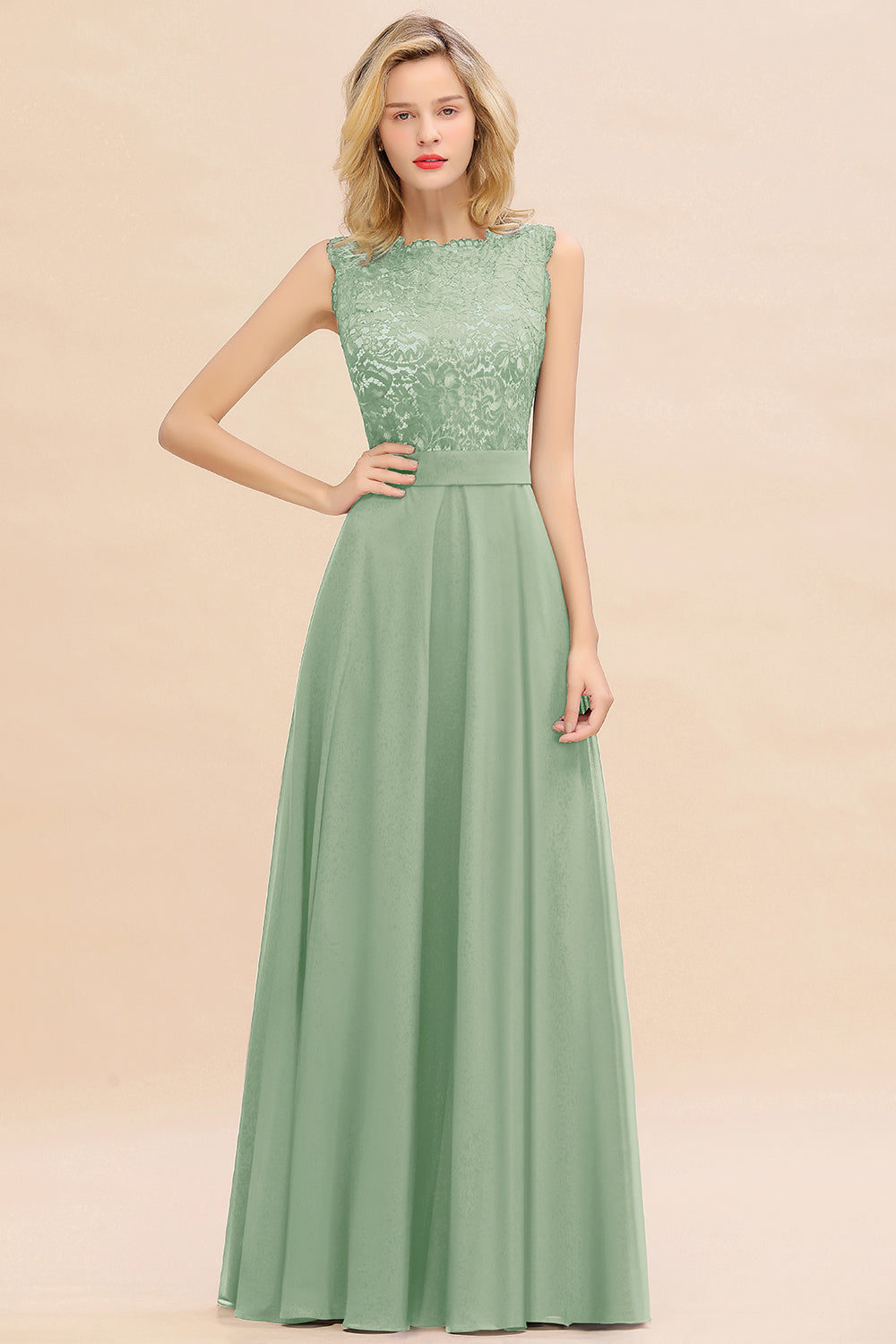 Exquisite Scoop Chiffon Lace Bridesmaid Dresses with V-Back