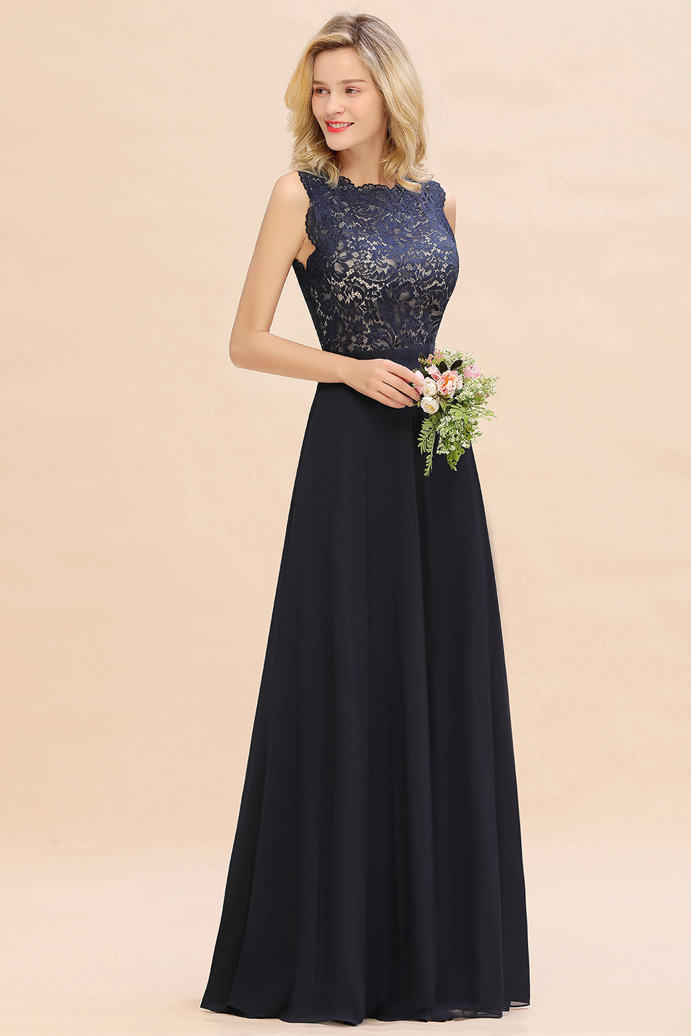 Exquisite Scoop Chiffon Lace Bridesmaid Dresses with V-Back