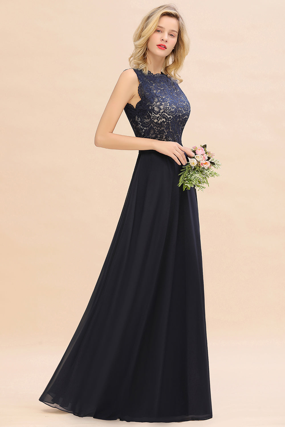 Exquisite Scoop Chiffon Lace Bridesmaid Dresses with V-Back