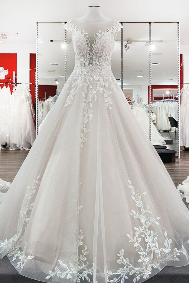 Eye-taking Jewel Tulle Lace Appliques Ruffles A-Line Wedding Dresses