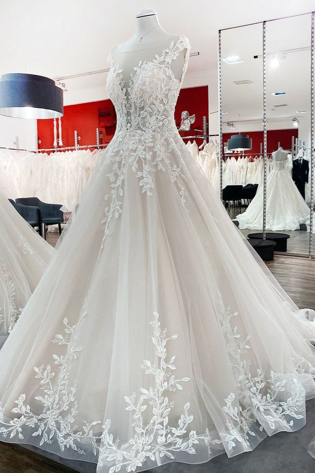 Eye-taking Jewel Tulle Lace Appliques Ruffles A-Line Wedding Dresses