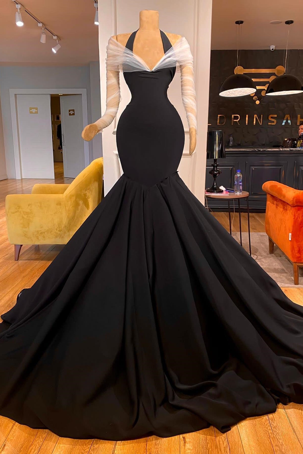 Fabulous Floor-Length Long-Sleeve Halter Mermaid Prom Dress with Luxurious Ruffles