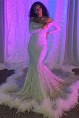 Glamorous Floor Length Long Sleeves Mermaid Sequined Prom Dress with Feathers