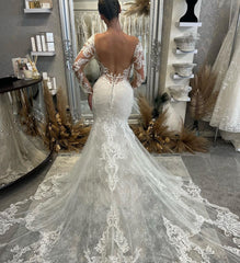 Elegant Floor Length V-Neck Long Sleeves Mermaid Lace Wedding Dress with Chapel Train