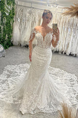 Elegant Floor Length V-Neck Long Sleeves Mermaid Lace Wedding Dress with Chapel Train