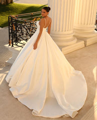 Fabulous Long White A-line Spaghetti-Strap Satin Wedding Gown