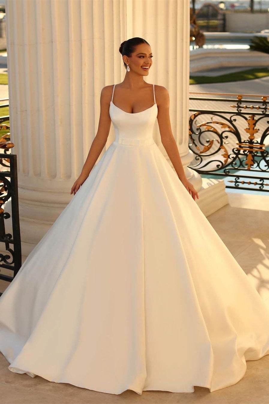 Fabulous Long White A-line Spaghetti-Strap Satin Wedding Gown