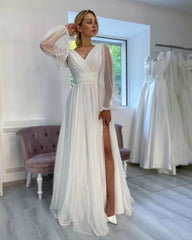 Fabulous White A-Line V-Neck Long Sleeve Glittering Wedding Dress with Slit