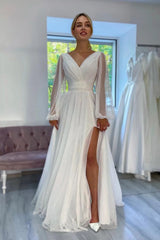 Fabulous White A-Line V-Neck Long Sleeve Glittering Wedding Dress with Slit