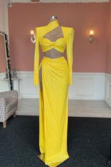 Charming High Neck Long Yellow Spit From Long Sleeves Prom Dress With Sequined