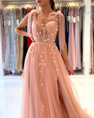 Fairy Tulle Prom Dress Slit Long With Appliques