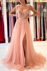 Fairy Tulle Prom Dress Slit Long With Appliques